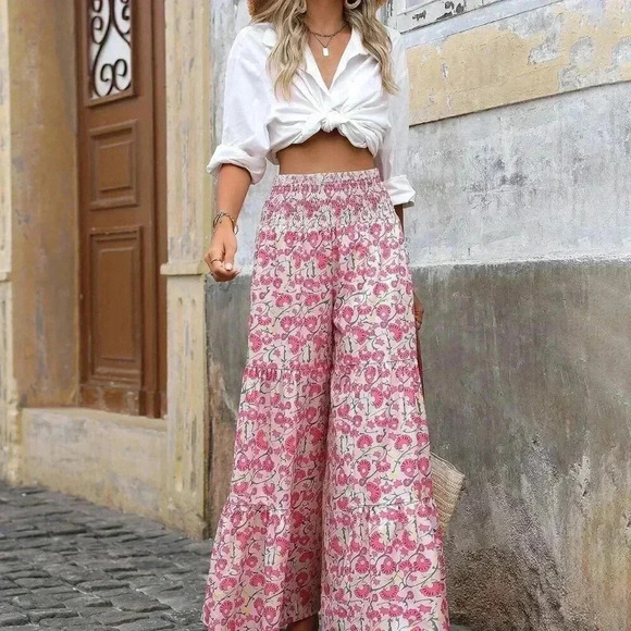 Pink Boho Women's Allover Print High Waist Wrap Around Wide Leg Pants - Picture 4 of 5